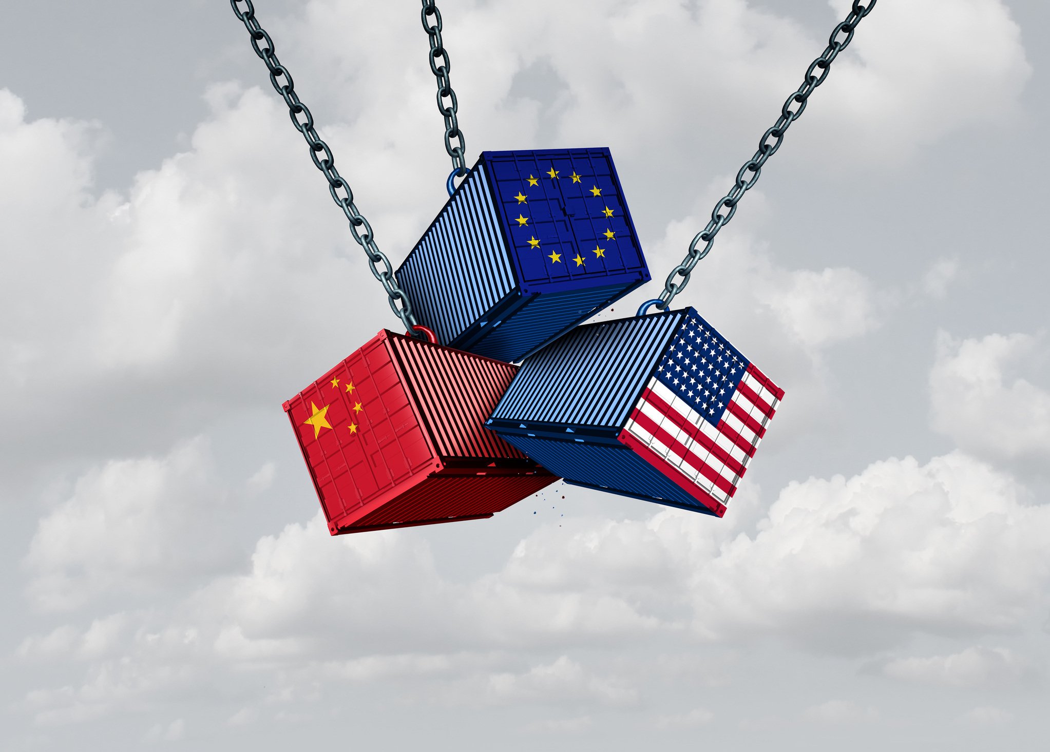 3 containers with the flags of Europe, China and the U.S. on each to represent trade tensions.