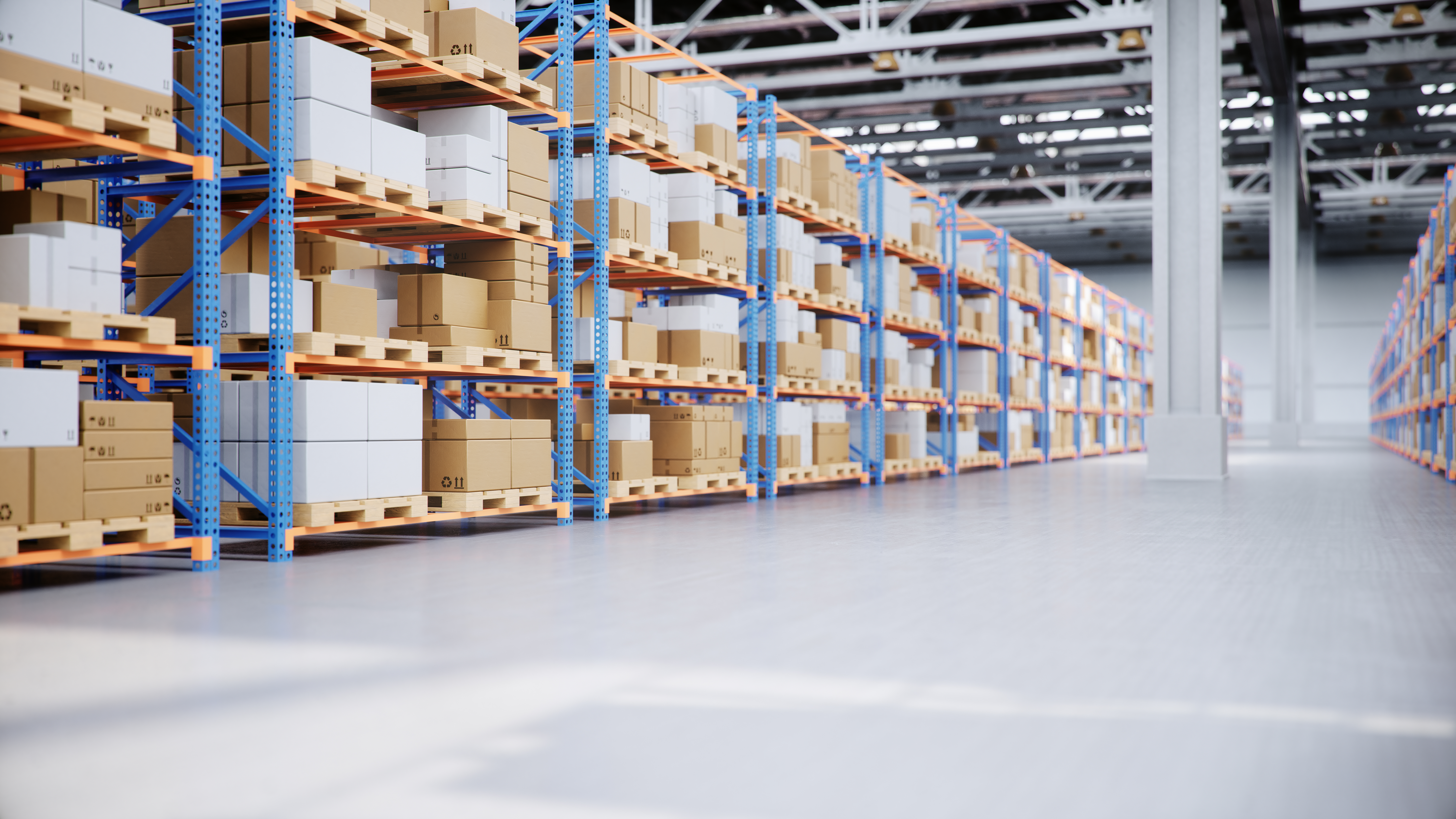 Shelves in a warehouse full of boxes containing electronic components.