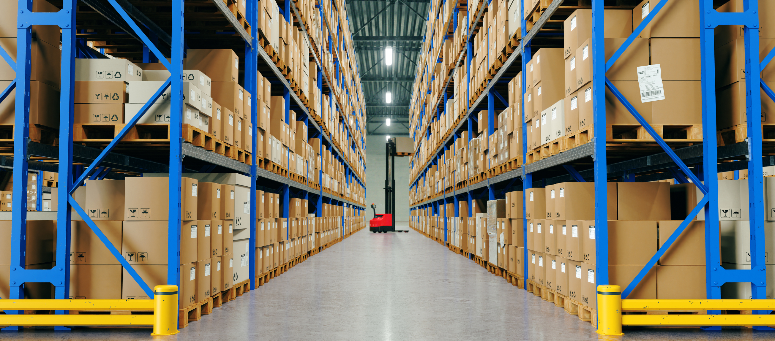 Forklift stacking boxes in a large warehouse.