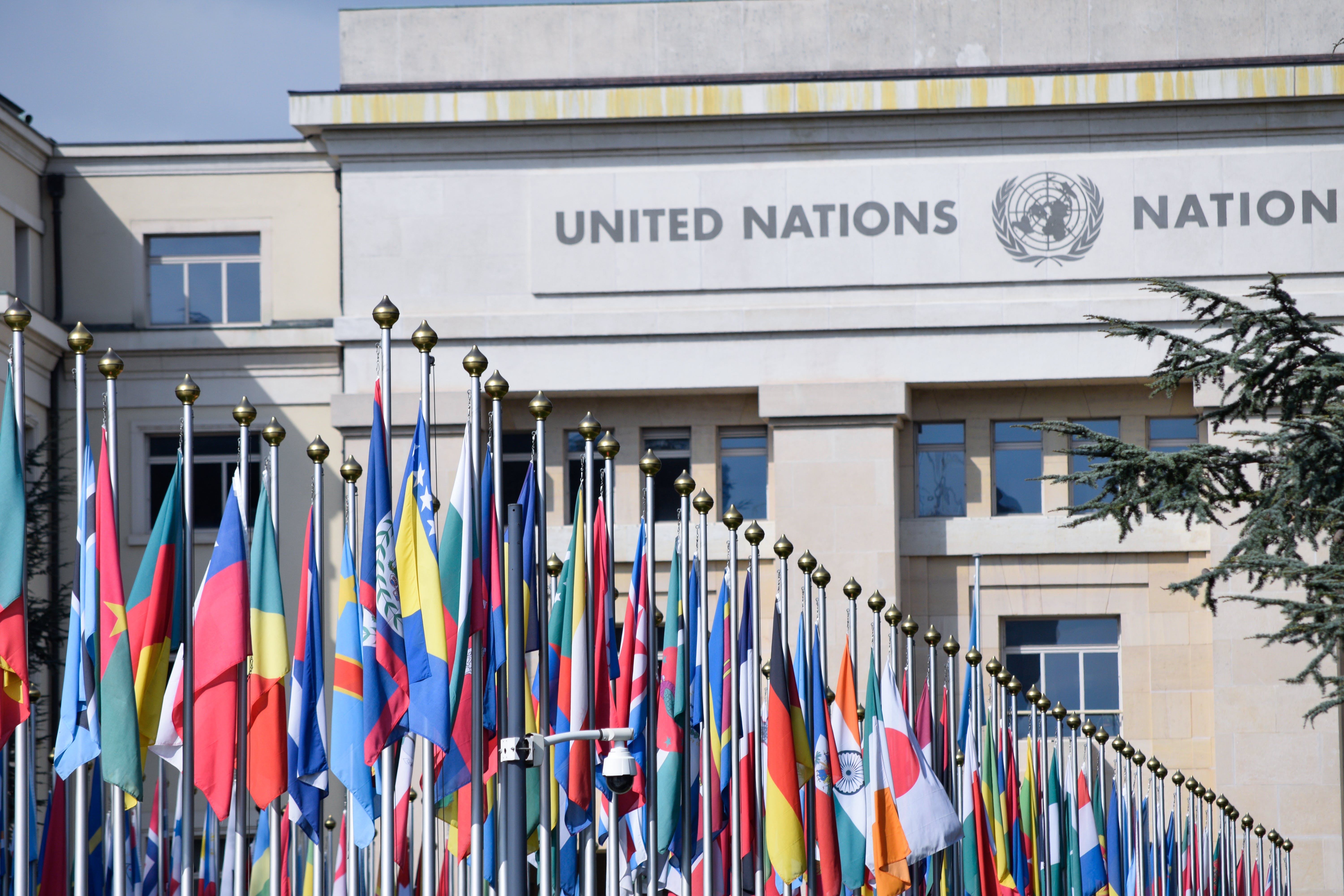 Flags on display outside of the United Nations building in Geneva.